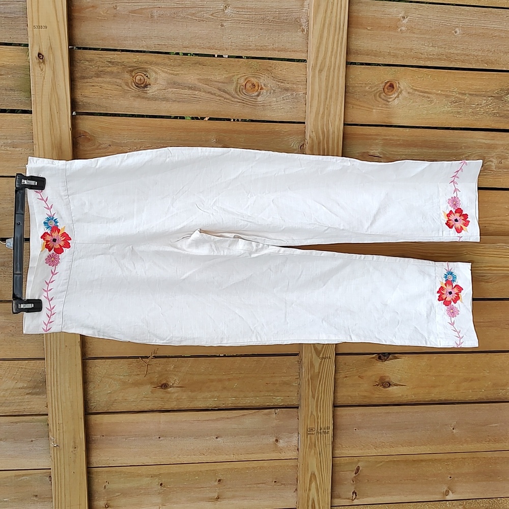 🏵️ Carolina K Boho Folk High Rise Cotton Linen Floral Embroidered Pants 🏵️